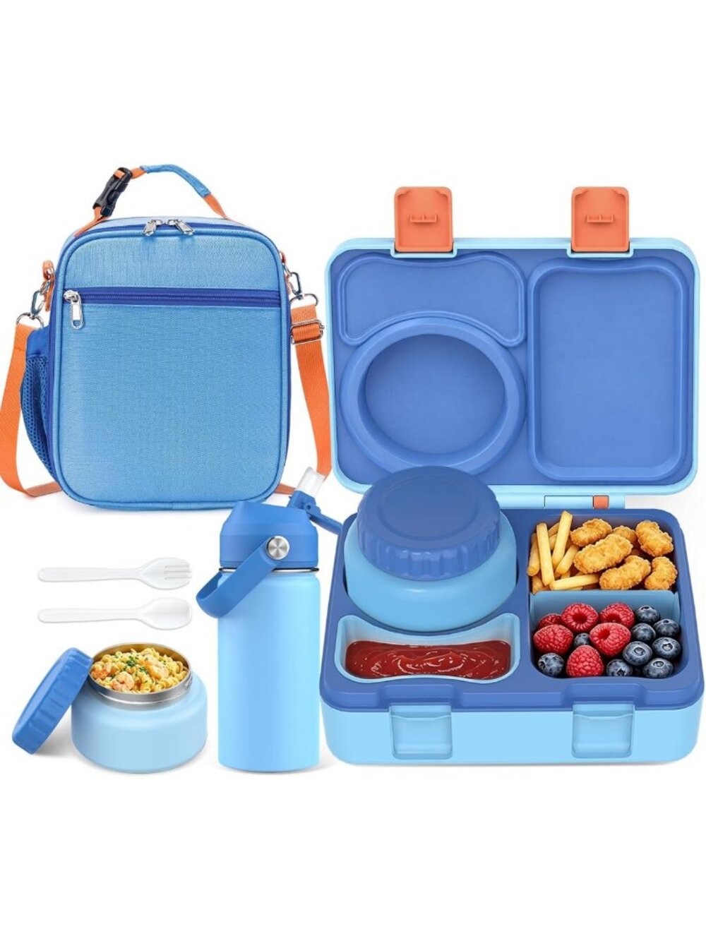 Kids Bento Lunch Box Set with Food Jar, Water Bottle & Lunch Bag - Blue Color